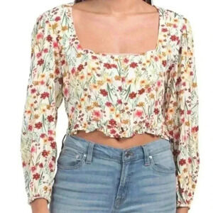NWT Lost + Wander Floral Square Button Down Crop Top Long Sleeve Large